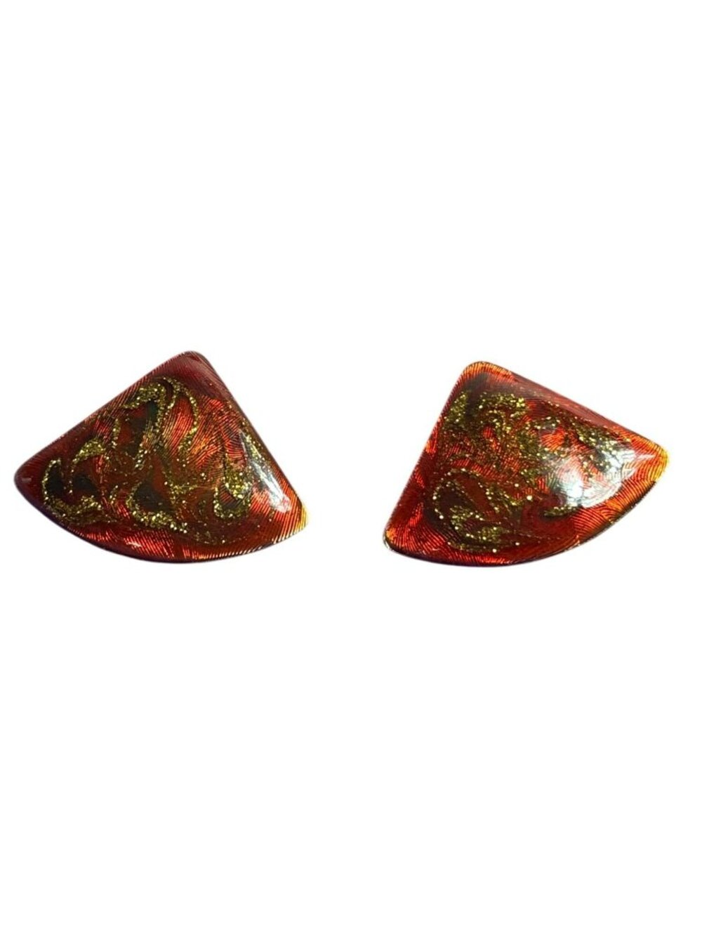 Vintage 80s Triangle Statement Clip On Earrings Red Goldtone Glitter 1.25 inches